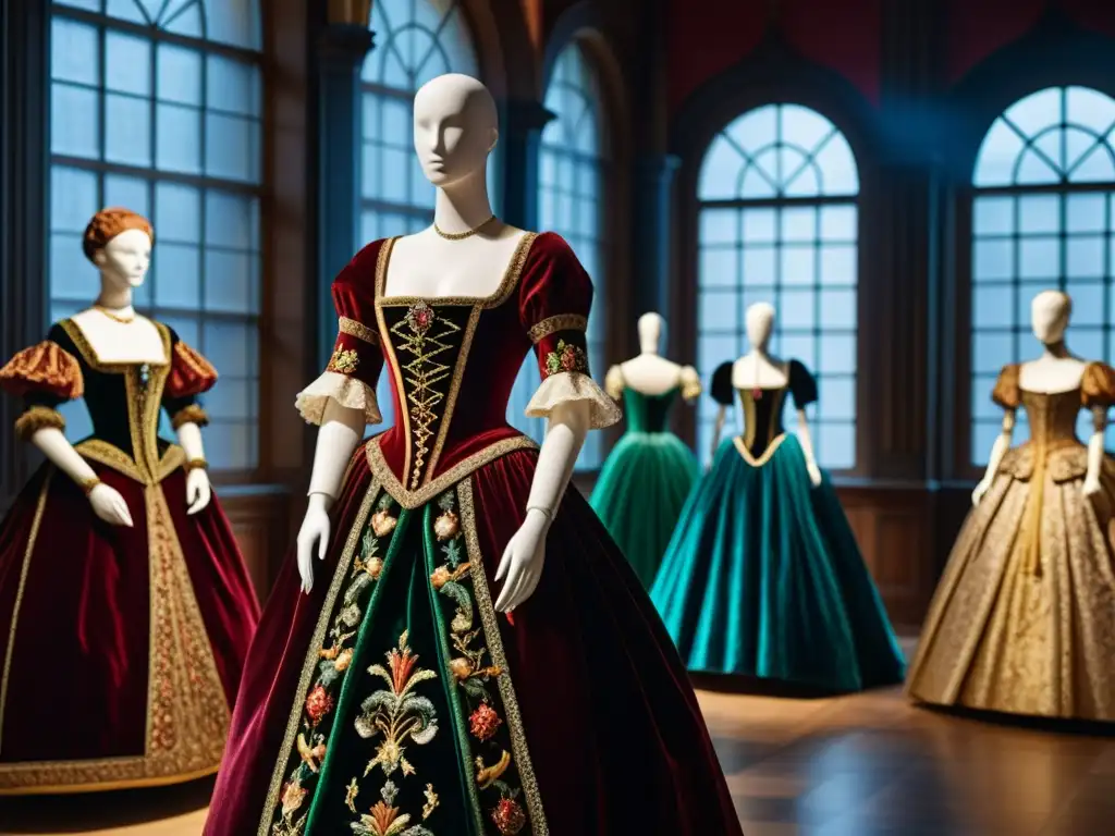 Atelier renacentista: moda y artesanía en 8k Artesanos reconstruyen historia moda renacentista en atelier detallado con prendas lujosas y decoración opulenta