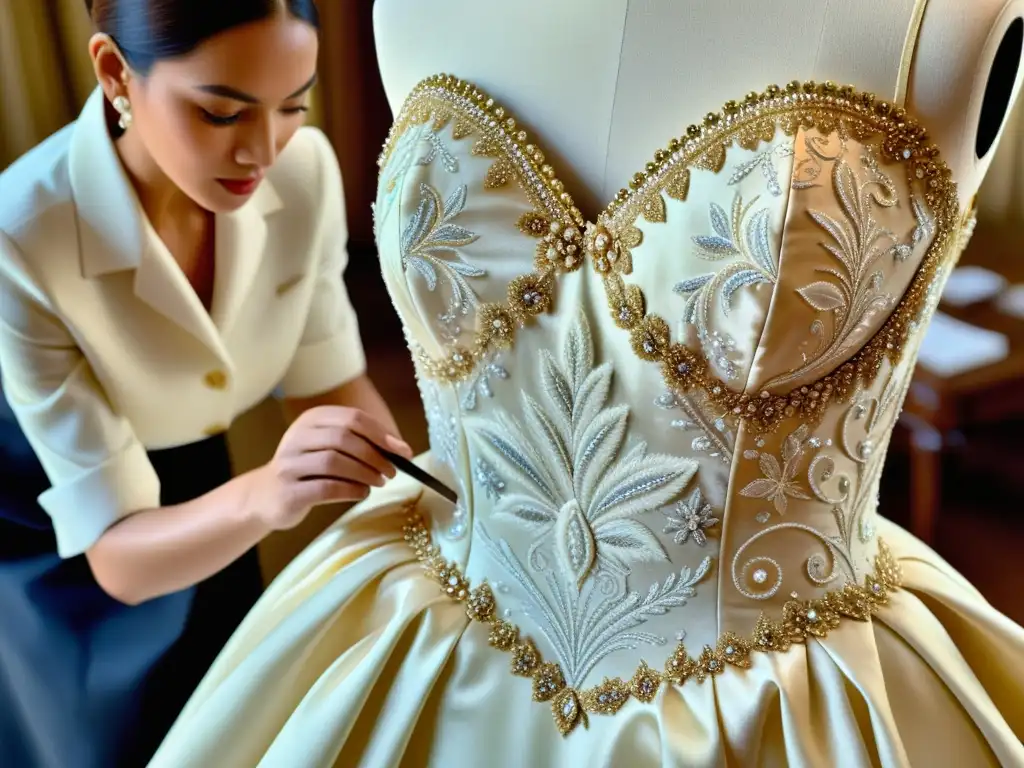 Artesanos creando un icónico vestido de Oscar de la Renta, destacando el impacto cultural y la moda de siglos