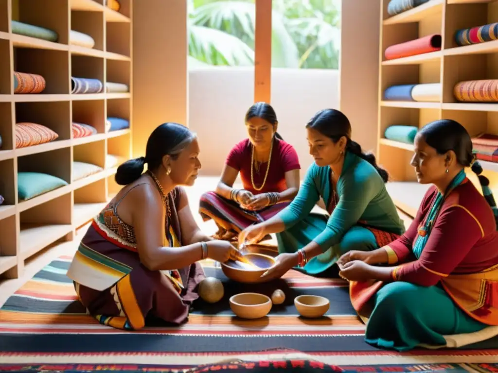 Artesanos indígenas tejiendo patrones en textiles vibrantes, conservando la moda indígena en un entorno lleno de luz natural y colores cálidos