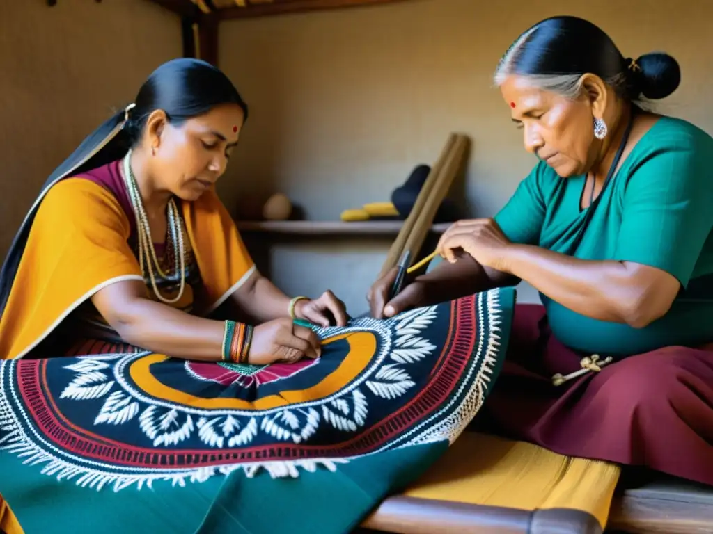 Artesanos indígenas tejen telas tradicionales con tintes naturales, comunicando su rica herencia cultural en cada prenda