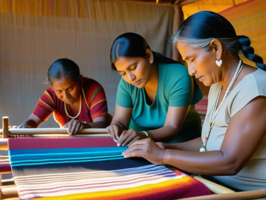 Artesanos indígenas tejen textiles tradicionales mientras la luz dorada del atardecer ilumina el escenario