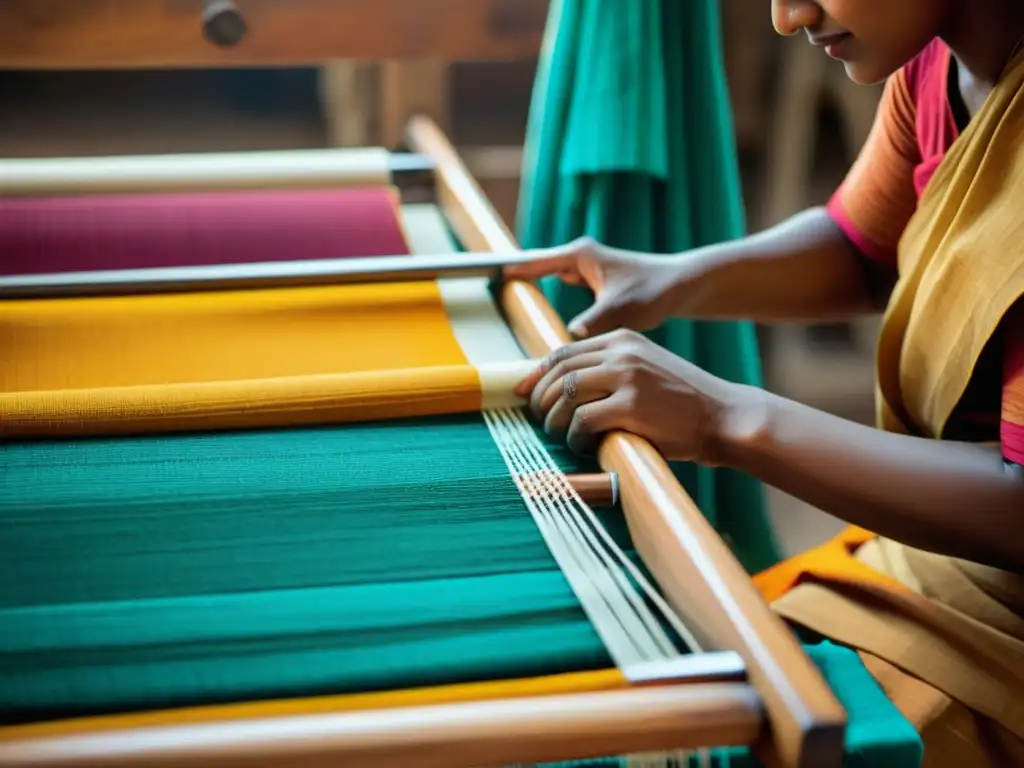 Artesanos indios tejiendo el renacimiento del Khadi en India en telares de madera, con colores vibrantes y expresiones concentradas