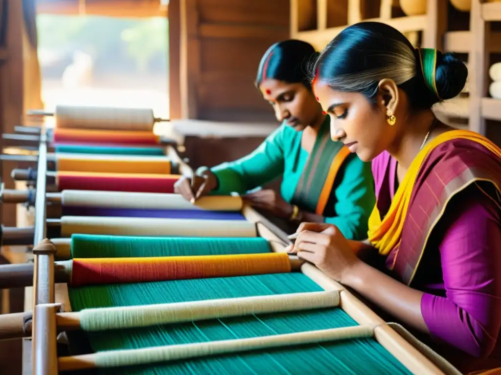 Artesanos indios crean textiles vibrantes en telares de madera, mostrando la evolución del textil en la India con colores y patrones tradicionales