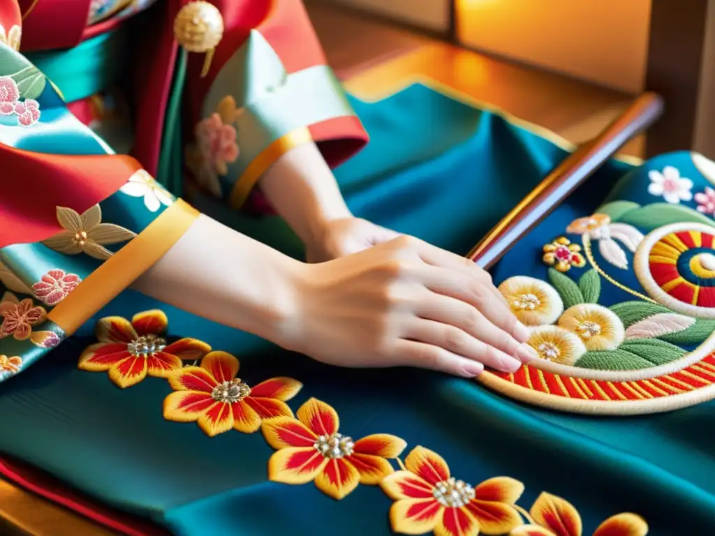 Artesanos japoneses creando un kimono con bordados intrincados y colores vibrantes