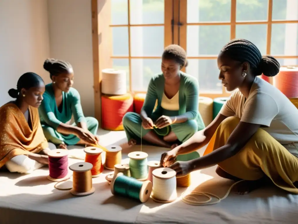 Artesanos cosiendo a mano patrones en prendas de algodón orgánico en un taller terroso, capturando la esencia de la moda lenta y su impacto cultural