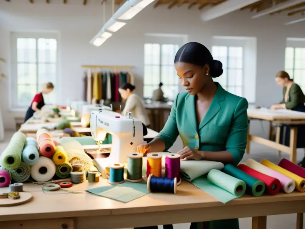 Artesanos de moda sostenible transformando diseño prendas en un taller luminoso, con hilos, agujas y tejidos coloridos