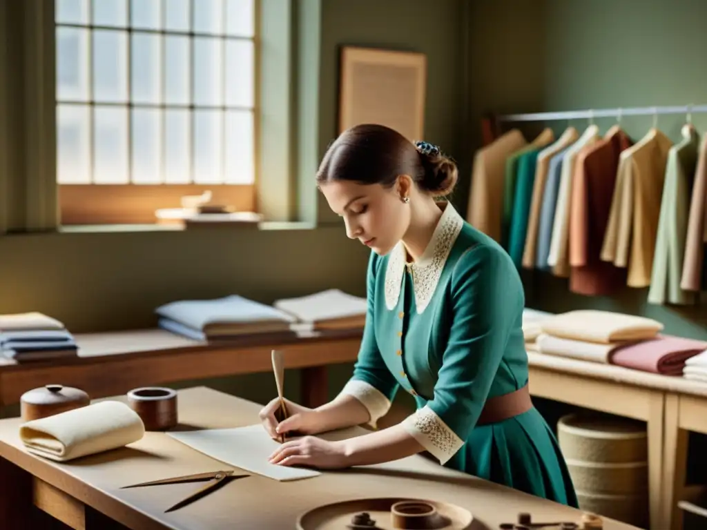 Artesanos creando prendas en un taller de moda histórico, con herramientas de patronaje y telas vintage