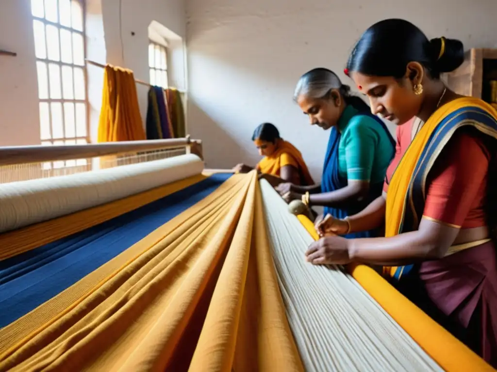 Artesanos tejen saris en un taller de moda india, con colores y técnicas ancestrales