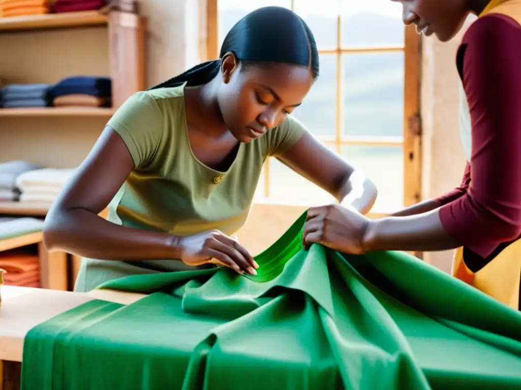Artesanos cosiendo telas ecológicas en un taller iluminado por el sol, creando moda sostenible en pasarelas de moda