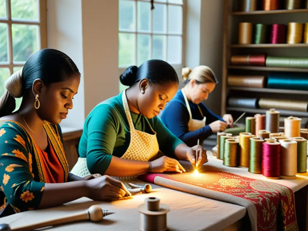 Artesanos creando textiles a mano con técnicas del movimiento Arts and Crafts, rodeados de hilos y telas