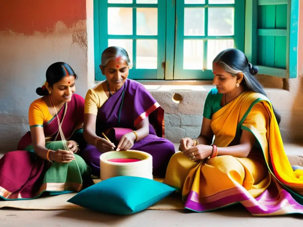 Artesanos textiles tradicionales de la India tejiendo patrones coloridos en telares, rodeados de hilos y tintes vibrantes, bajo la cálida luz del sol