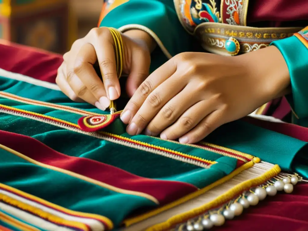 Artesanos tibetanos bordando con precisión una prenda tradicional, mostrando el impacto cultural de la moda tradicional tibetana