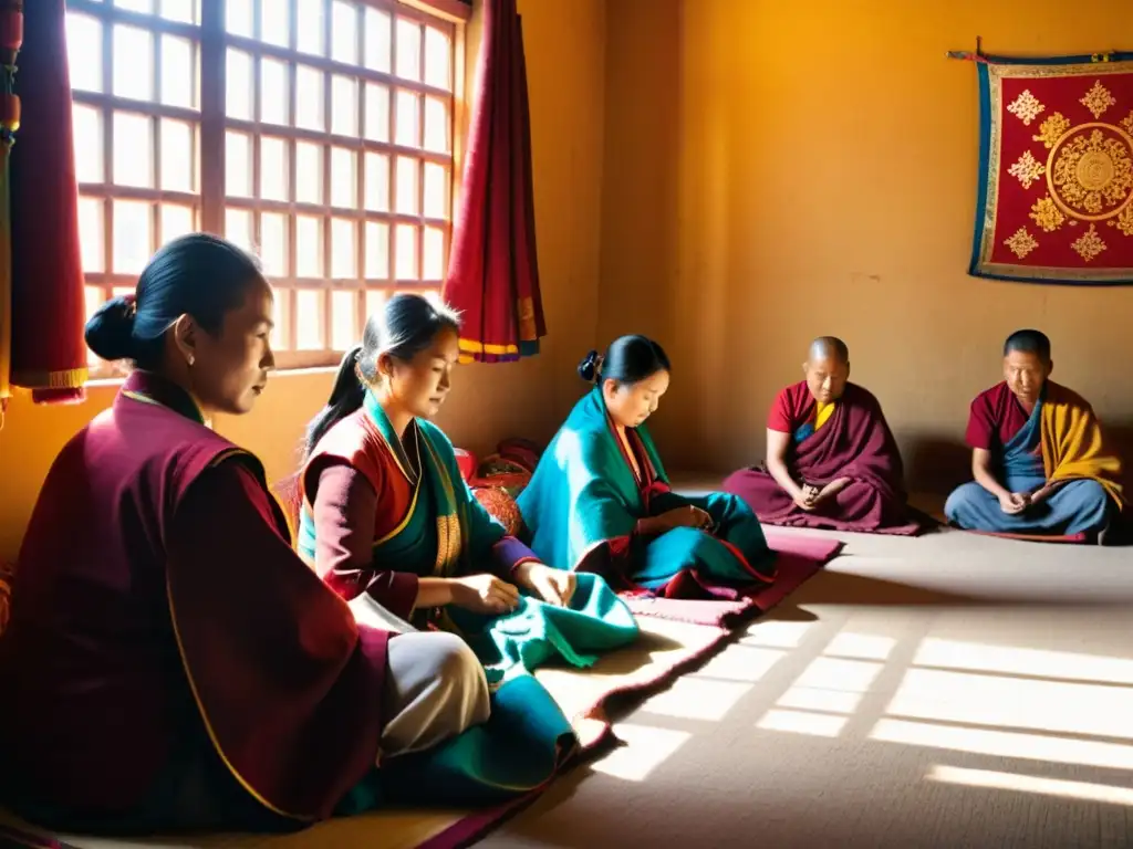 Artesanos tibetanos cosiendo prendas, reflejando la moda tradicional tibetana y su impacto cultural