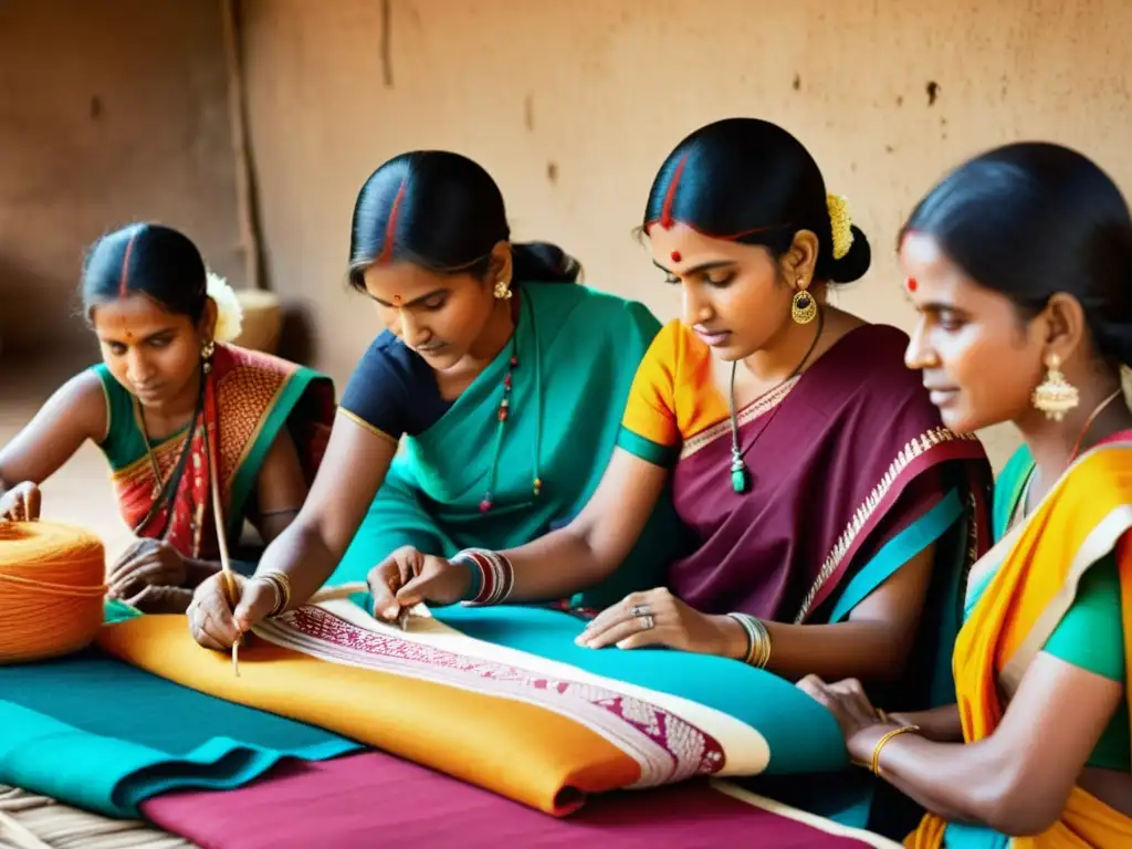 Artesanos tribales indios crean diseños textiles tradicionales en telar, rodeados de colores vibrantes y motivos intrincados