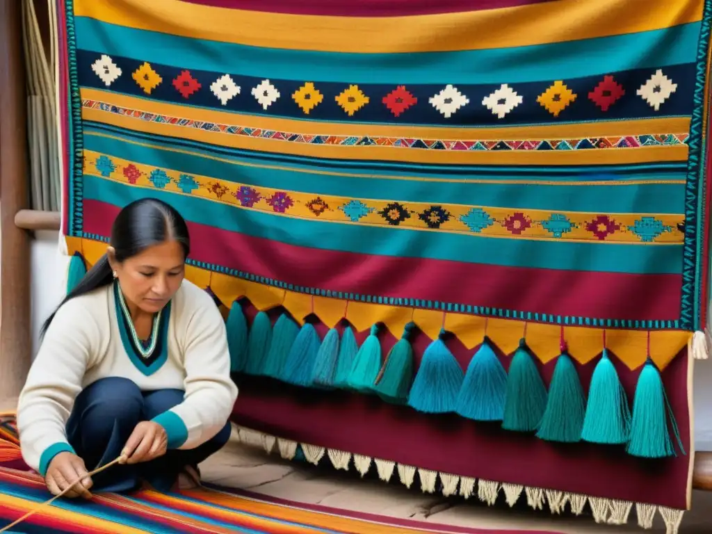 Artista andina teje tapiz tradicional con simbología andina, mostrando destreza y colores vibrantes