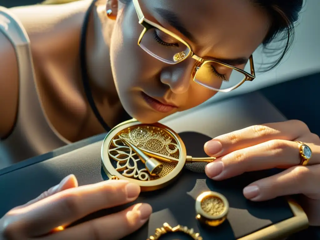 Artista contemporáneo moldeando con precisión un colgante de oro, fusionando tradición y lujo en la joyería