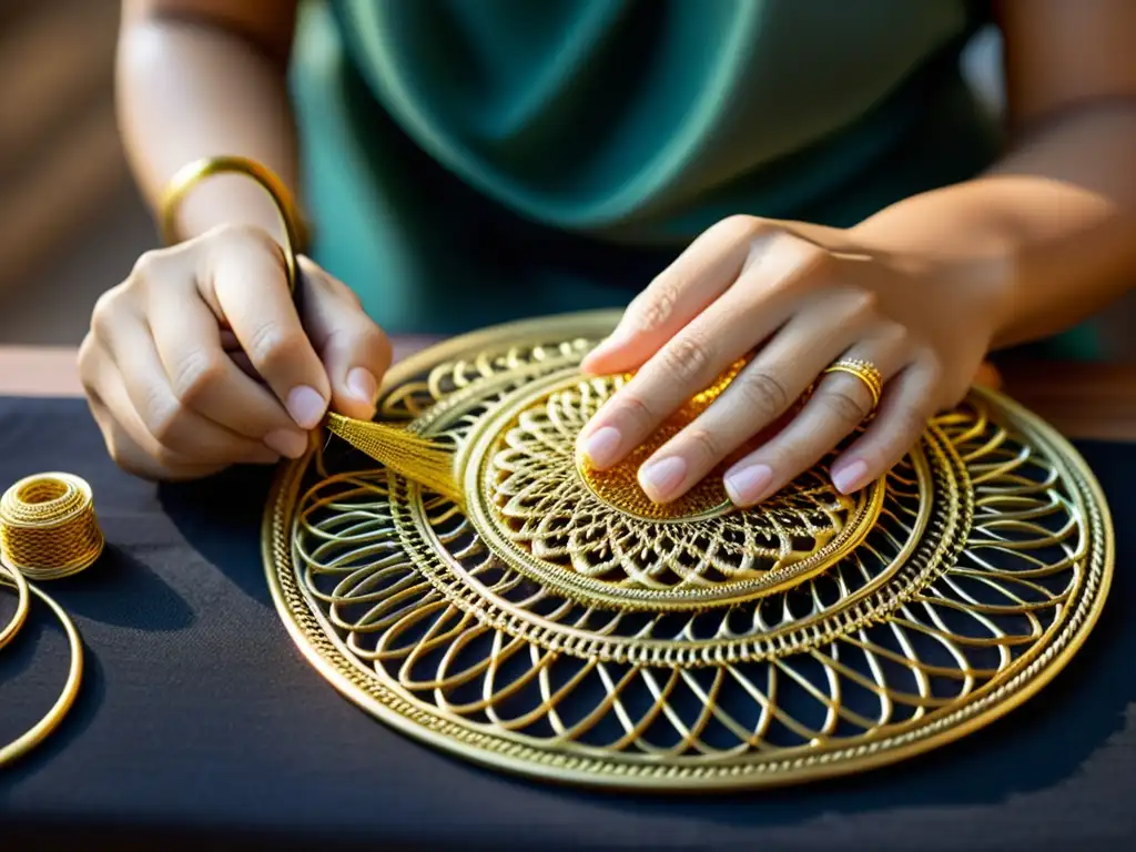 Artista experto en técnicas ancestrales crea filigrana de lujo contemporánea con destreza y elegancia en taller iluminado