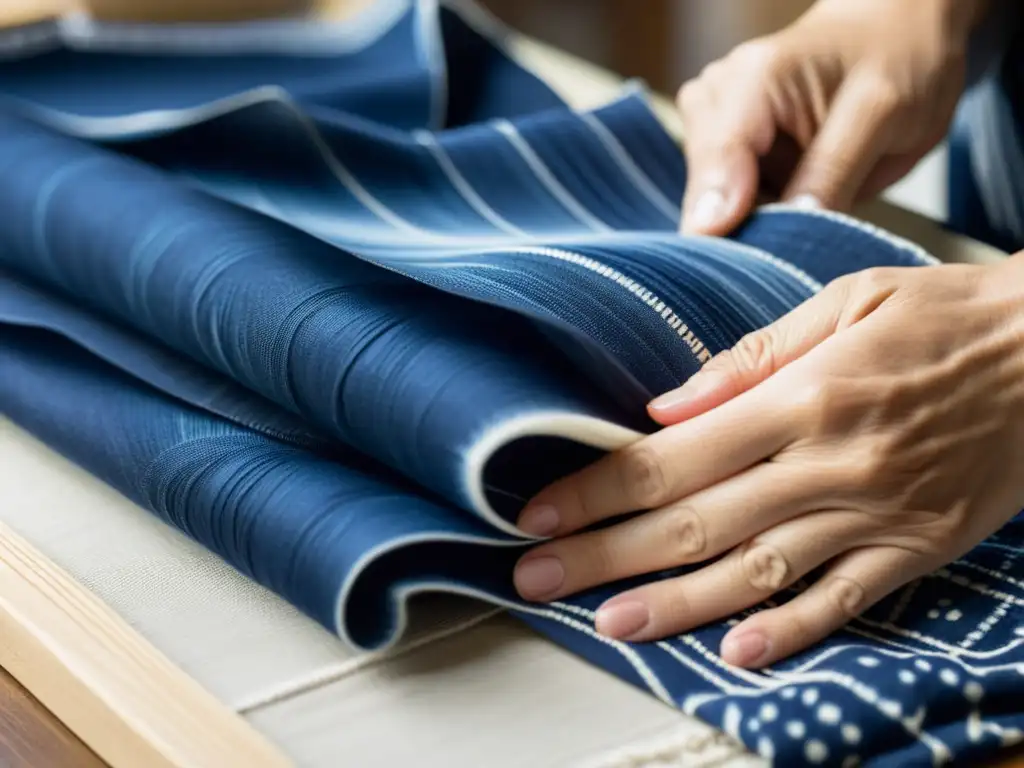 Un artista japonés experto en la técnica de teñido shibori pliega meticulosamente tela indigo, evocando la delicada artesanía y tradición cultural