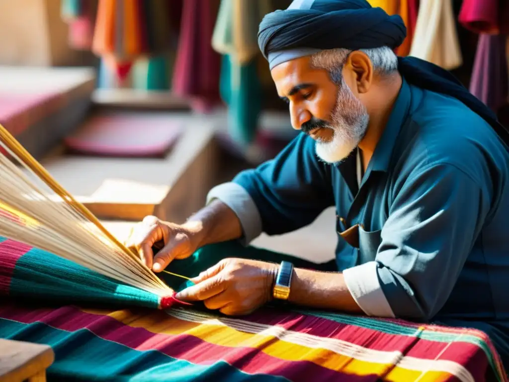 Artista en mercado tejido multicolor, preservación técnicas ancestrales moda Oriente