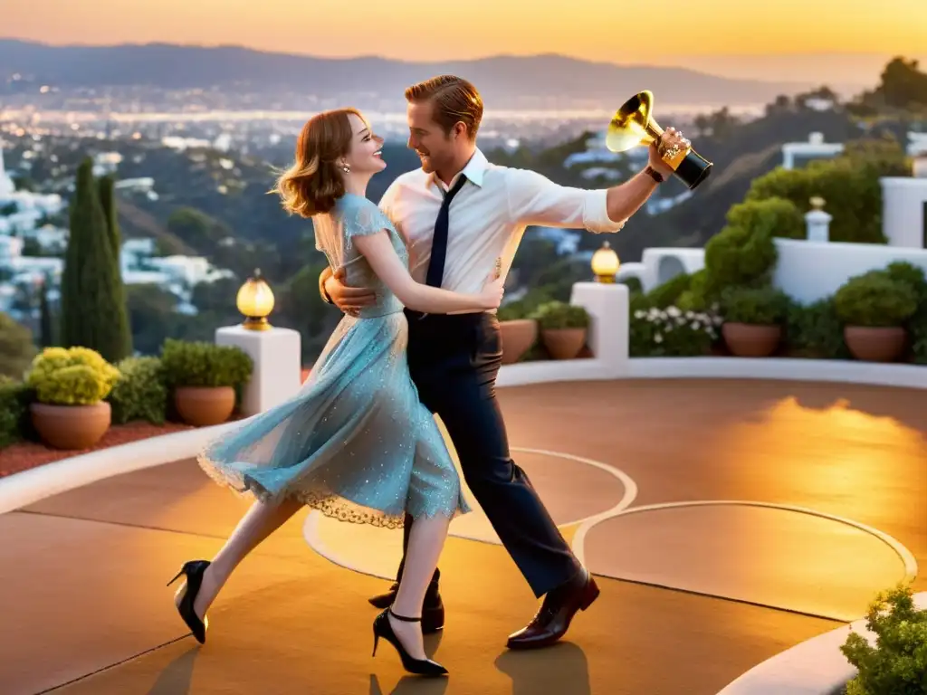 Emma Stone y Ryan Gosling bailando en Hollywood al atardecer, evocando la moda de Hollywood en La La Land con elegancia de los años 50