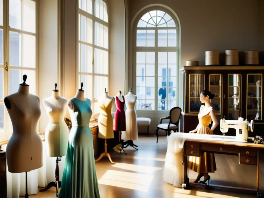 En el atelier de alta costura, maniquíes y costureras crean prendas de origen alta costura pret a porter, rodeados de luz y elegancia