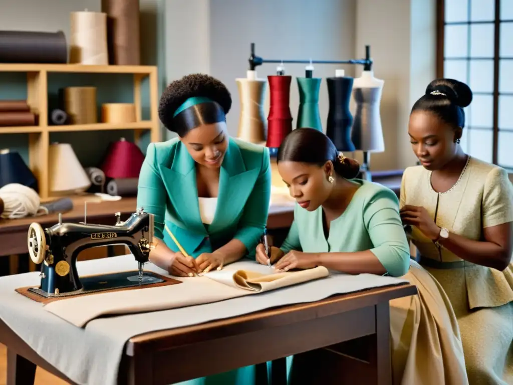 Un atelier bullicioso con costureras y diseñadoras diversas de diferentes épocas, trabajando juntas con pasión