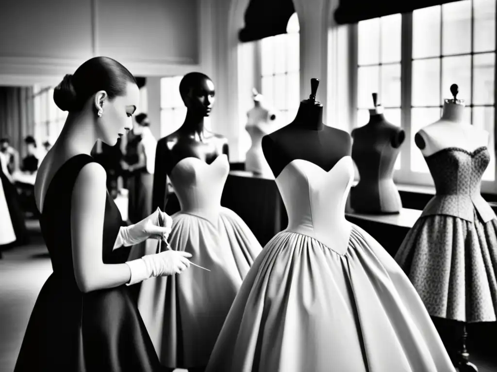 Christian Dior en su atelier, ajustando un diseño icónico del New Look, rodeado de maniquíes