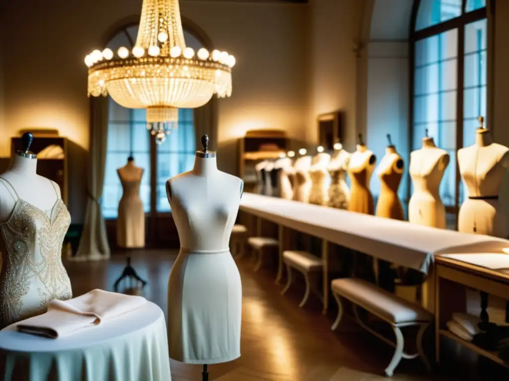 Una atelier de moda italiana, con artesanos creando prendas de lujo, exhibiendo elegantes diseños en maniquíes