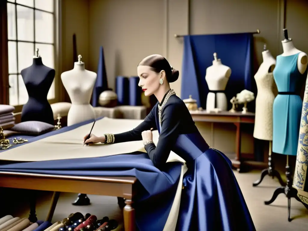 Jeanne Lanvin en su atelier, creando con precisión una de sus icónicas creaciones, rodeada de lujosas telas