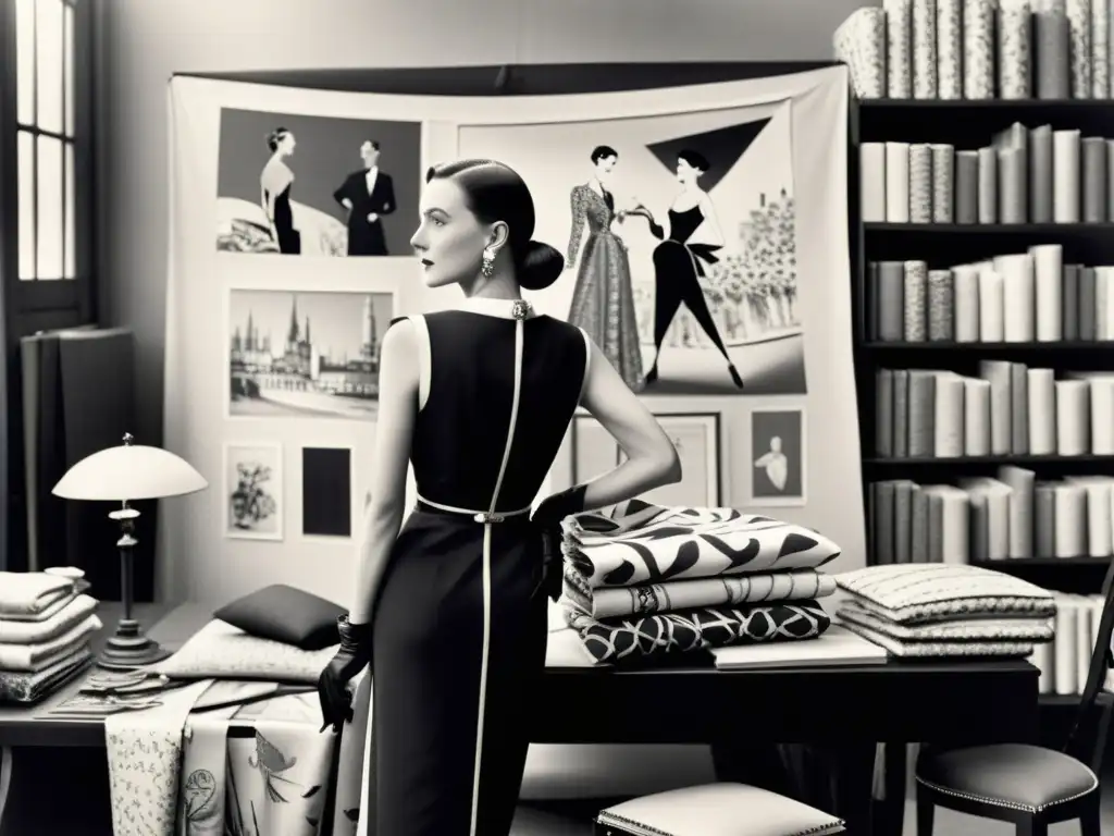 Jeanne Lanvin en su atelier rodeada de tela de lujo y bocetos, mostrando su legado en la moda con elegancia y creatividad