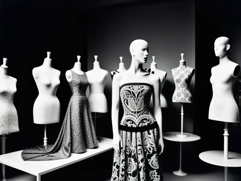 Alexander McQueen en su atelier, rodeado de maniquíes con sus diseños vanguardistas