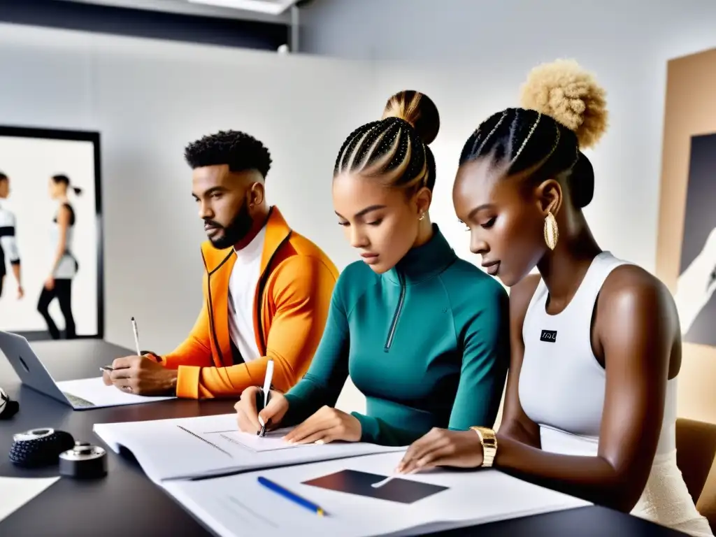 Atletas y diseñadores de moda colaborando en un estudio, fusionando deporte y moda