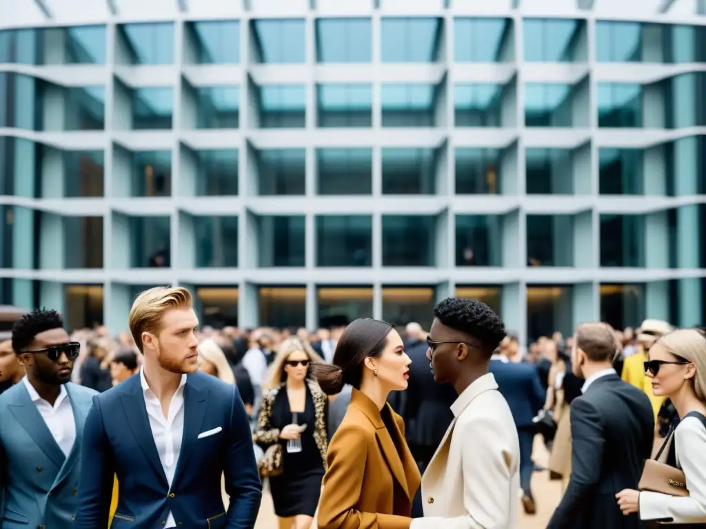 Una fotografía de alta resolución capturando la atmósfera vibrante del London Fashion Week, con diseñadores, modelos y entusiastas de la moda