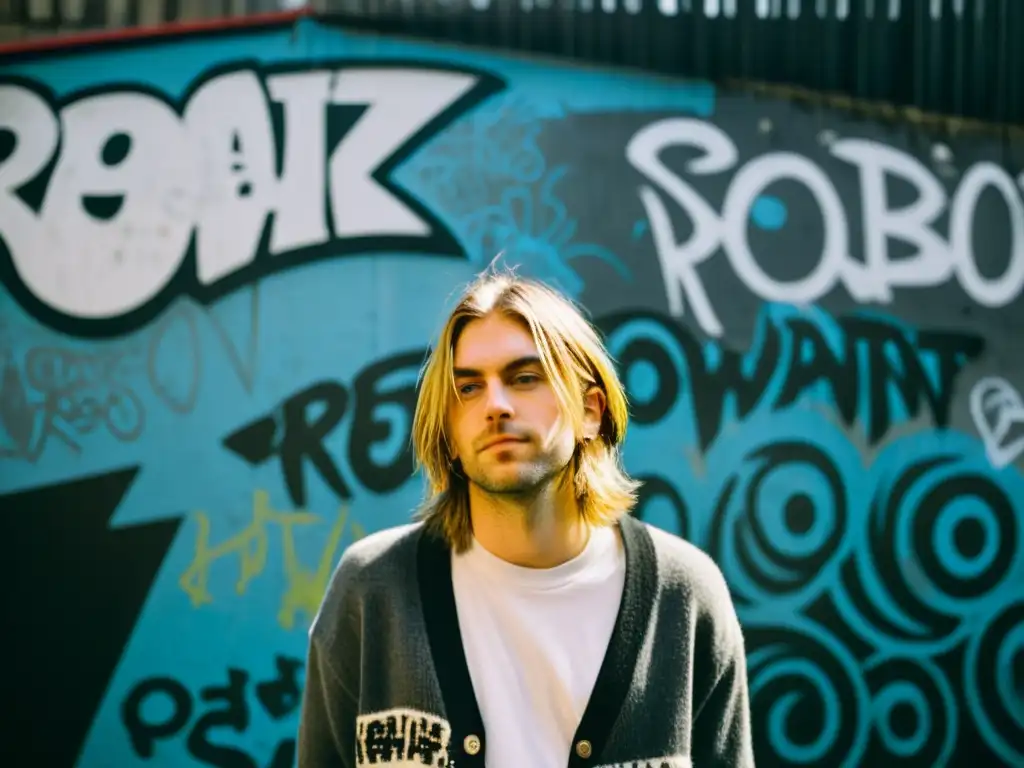 Kurt Cobain, con su atuendo icónico, frente a un mural en Seattle, proyecta el impacto cultural del grunge en la moda