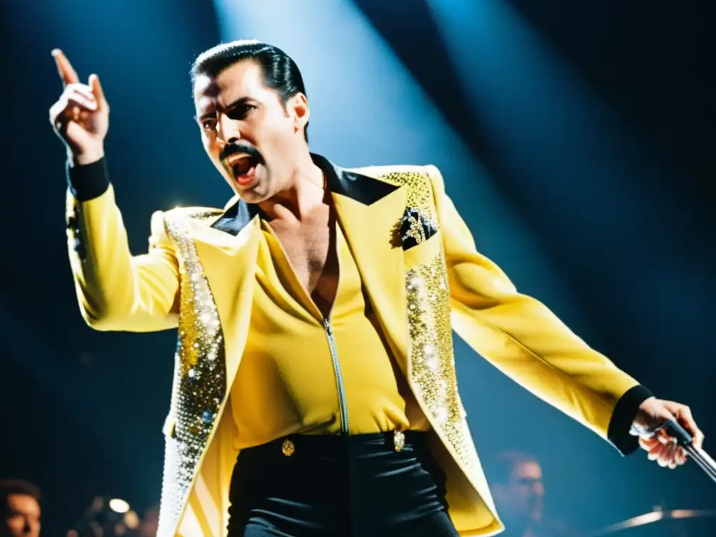 Freddie Mercury deslumbra con atuendos icónicos en vibrante actuación en el escenario