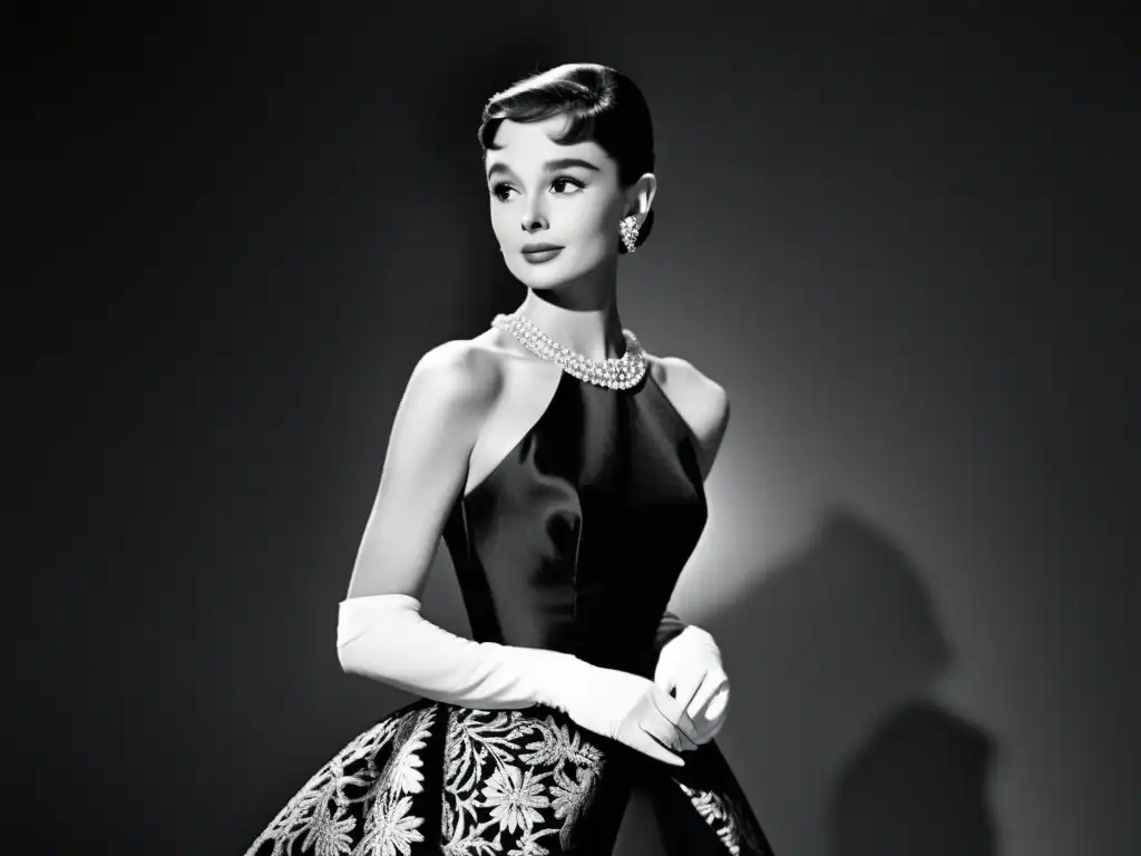 Audrey Hepburn irradia elegancia atemporal en un impresionante vestido de noche, destacando su influencia en la moda del siglo XX