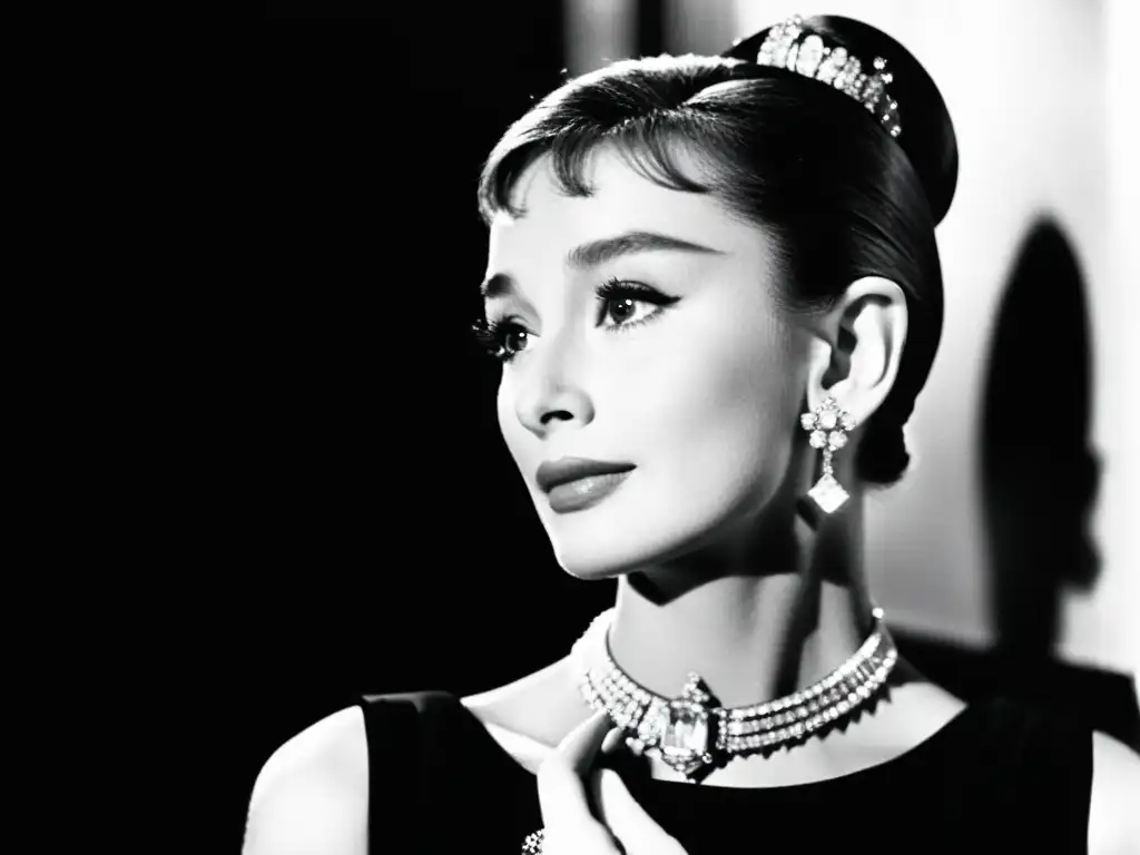 Audrey Hepburn irradia elegancia en blanco y negro, luciendo deslumbrantes joyas de Hollywood en la moda