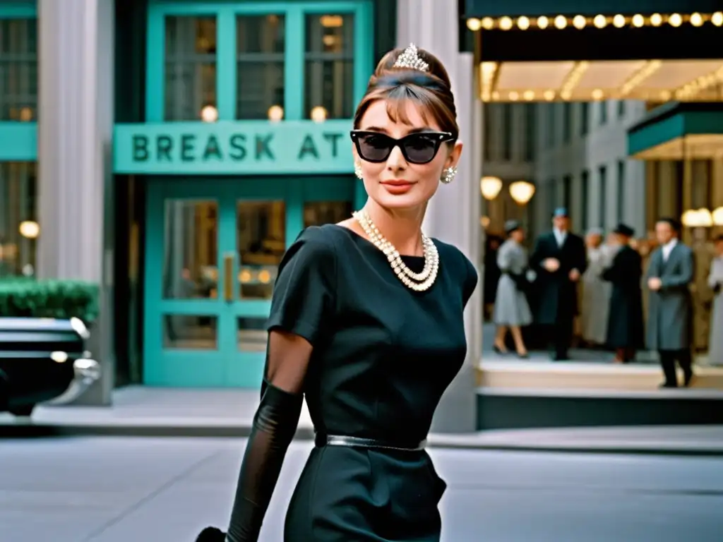 Audrey Hepburn, elegante y atemporal, viste el icónico vestido negro de Givenchy y gafas de sol gigantes frente a la tienda Tiffany & Co