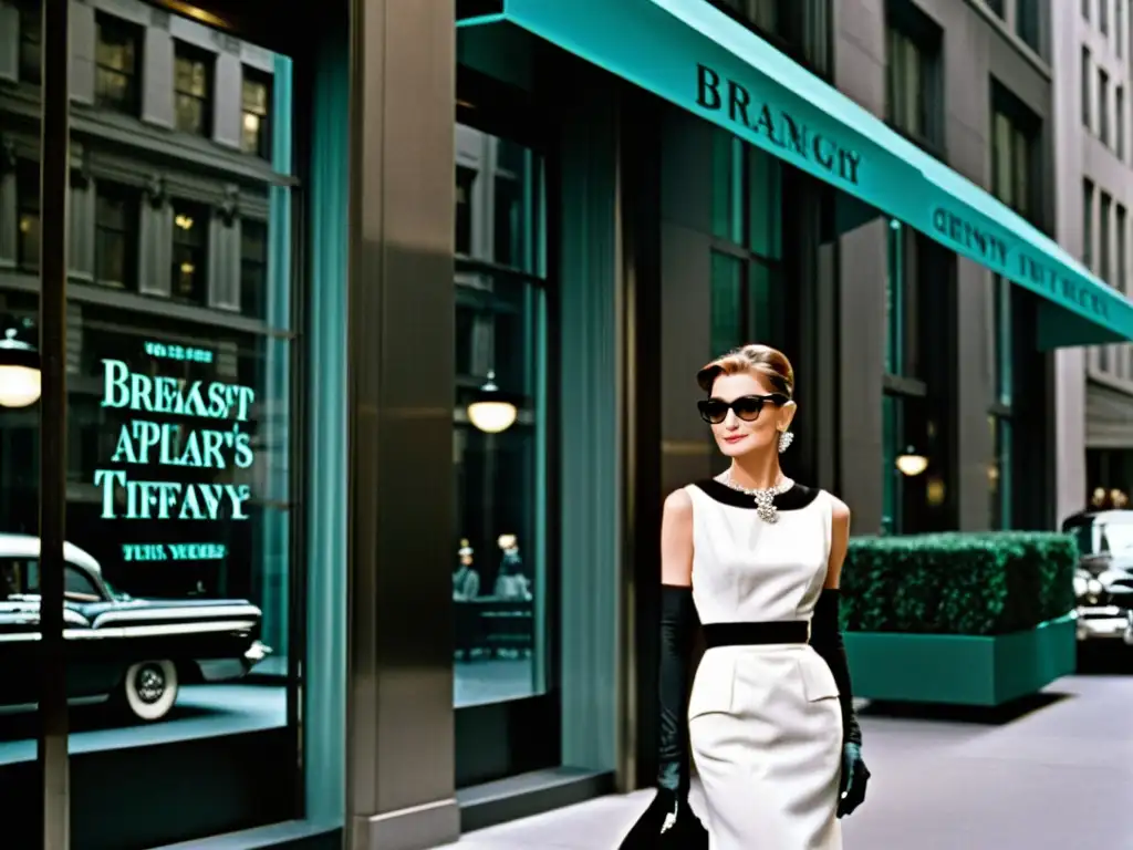 Audrey Hepburn en icónico vestido frente a Tiffany & Co