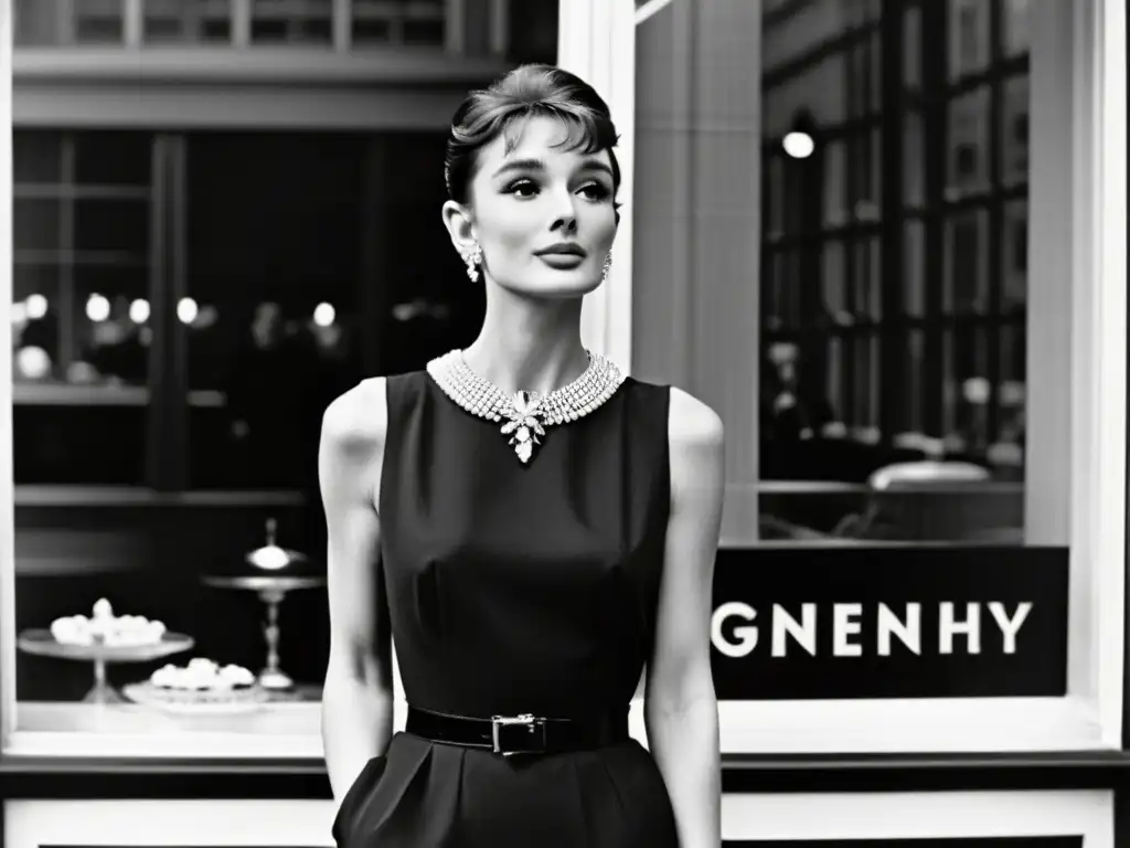 Audrey Hepburn en el icónico vestido negro de Givenchy, frente a la tienda Tiffany & Co