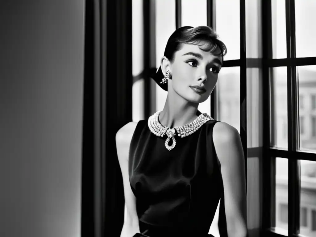 Audrey Hepburn, con el icónico vestido negro, mira por la ventana con expresión nostálgica, reflejando el legado del pequeño vestido negro