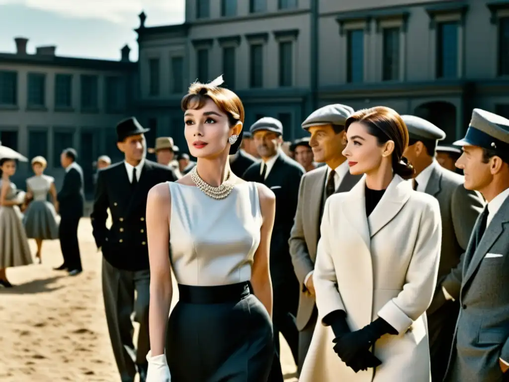 Audrey Hepburn en moda sostenible en el set de cine, rodeada de actores y equipo, evocando elegancia atemporal