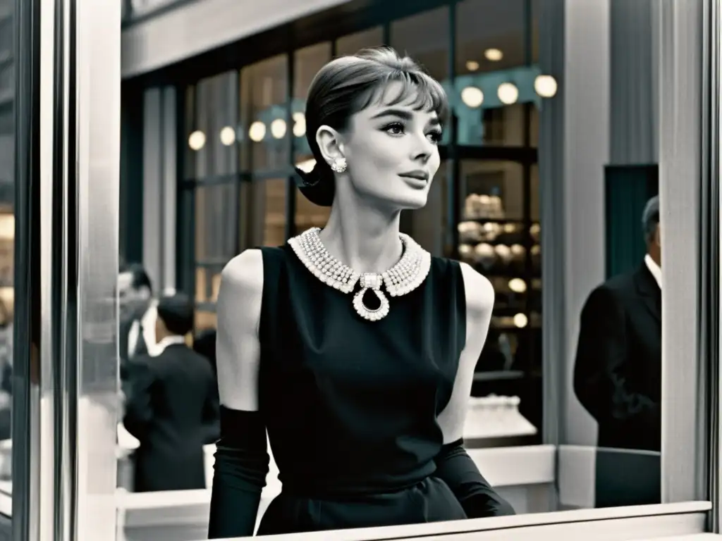 Audrey Hepburn, vestida con su icónico traje negro de Givenchy, mira con nostalgia la joyería en Tiffany & Co