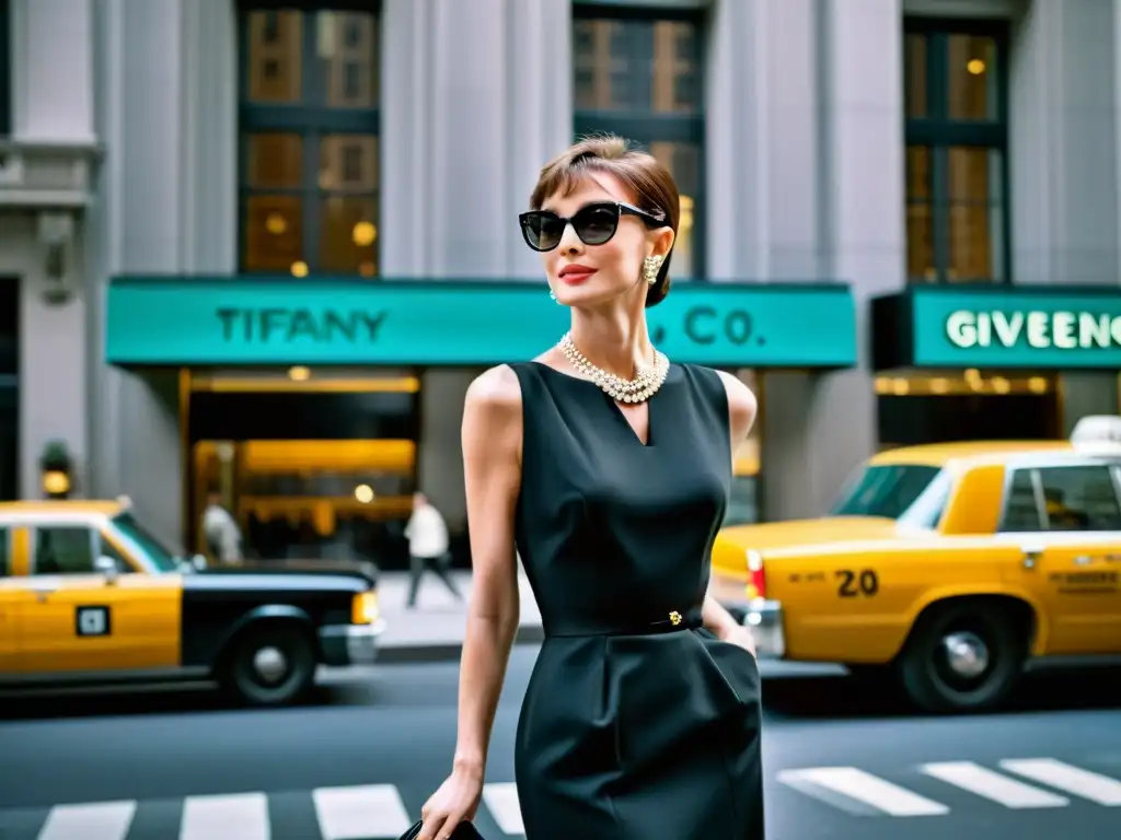 Audrey Hepburn en vestido negro clásico de Givenchy junto a la tienda de Tiffany & Co