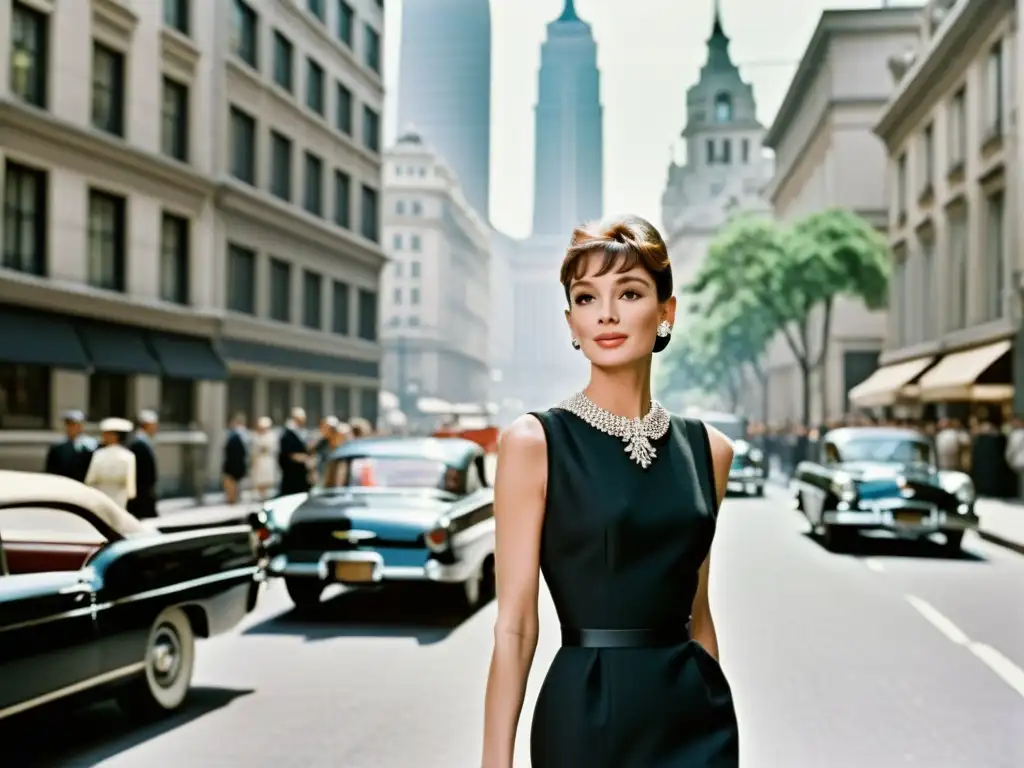 Audrey Hepburn en vestido negro Givenchy, destacando elegancia y sofisticación en la moda