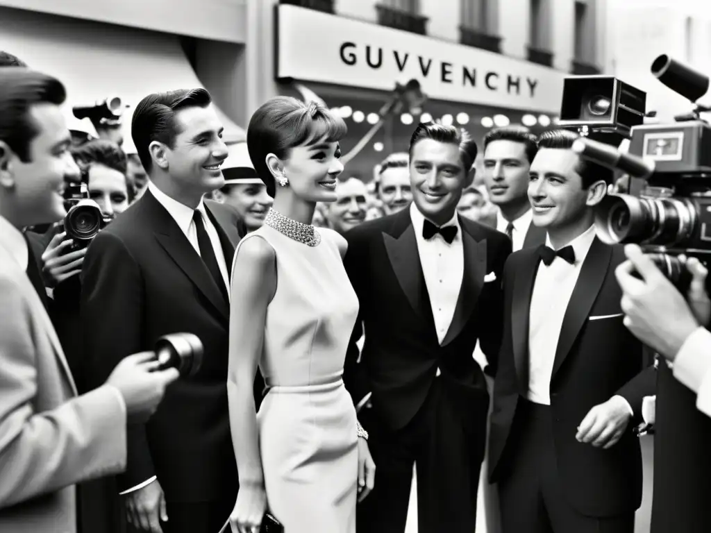 Audrey Hepburn en vestido Givenchy rodeada de fans y fotógrafos