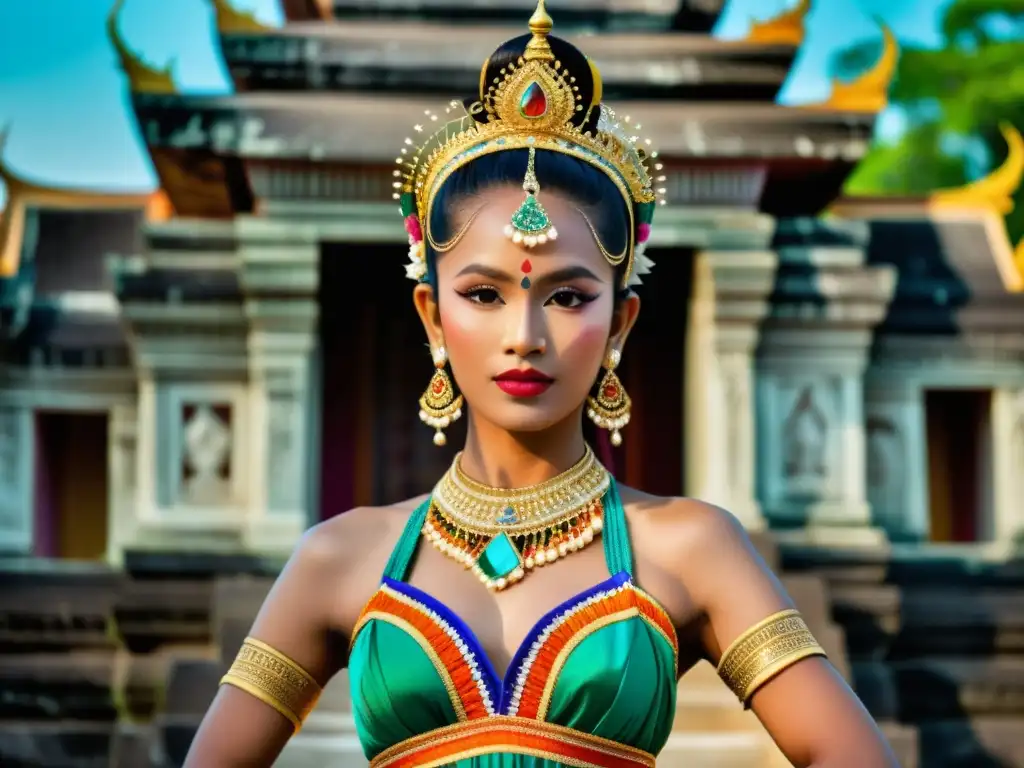 Una bailarina Apsara viste un traje típico de Camboya, fusionando tradición y modernidad en un escenario de ruinas antiguas