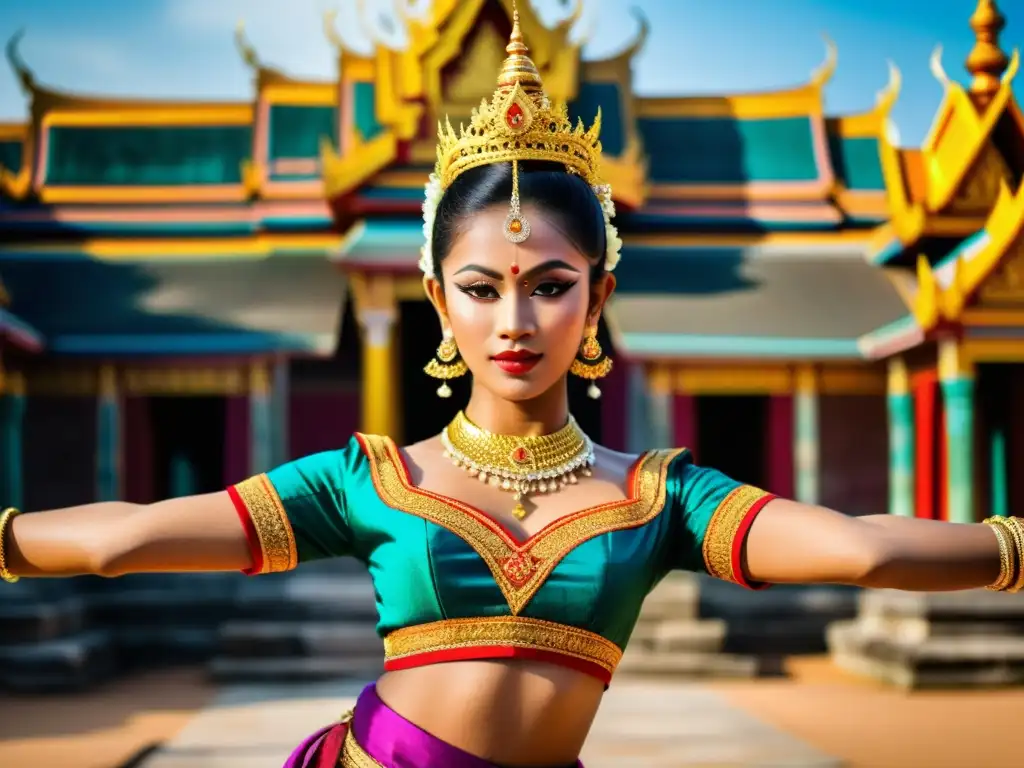 Una bailarina de Apsara con traje típico de Camboya realiza una danza tradicional frente a un templo ornamentado