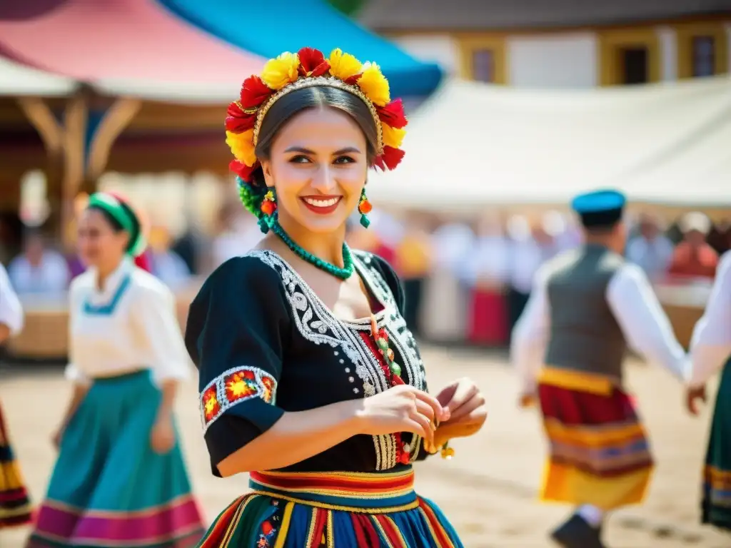 Una bailarina folclórica rumana con traje vibrante de colores, danza en festival cultural