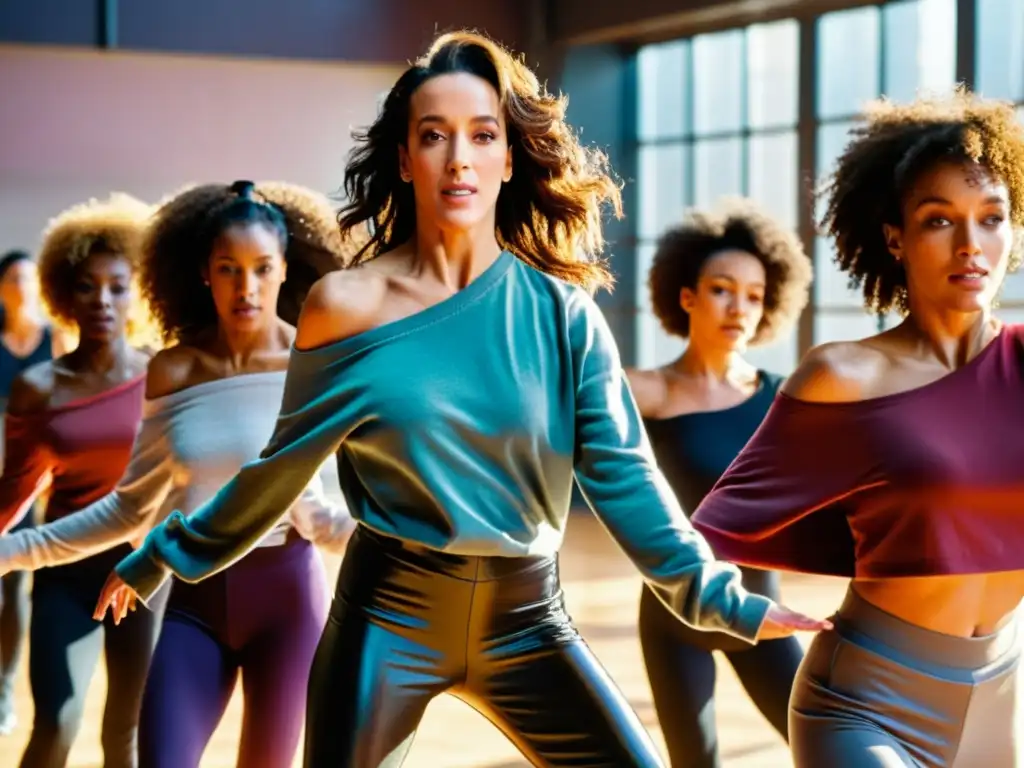 Jennifer Beals y bailarines en pose de Flashdance, estudio de baile urbano